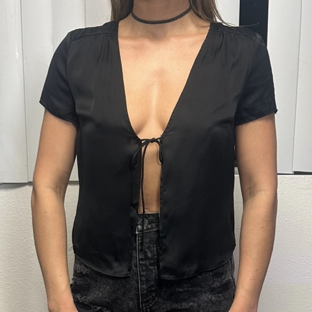 Black satin tie top